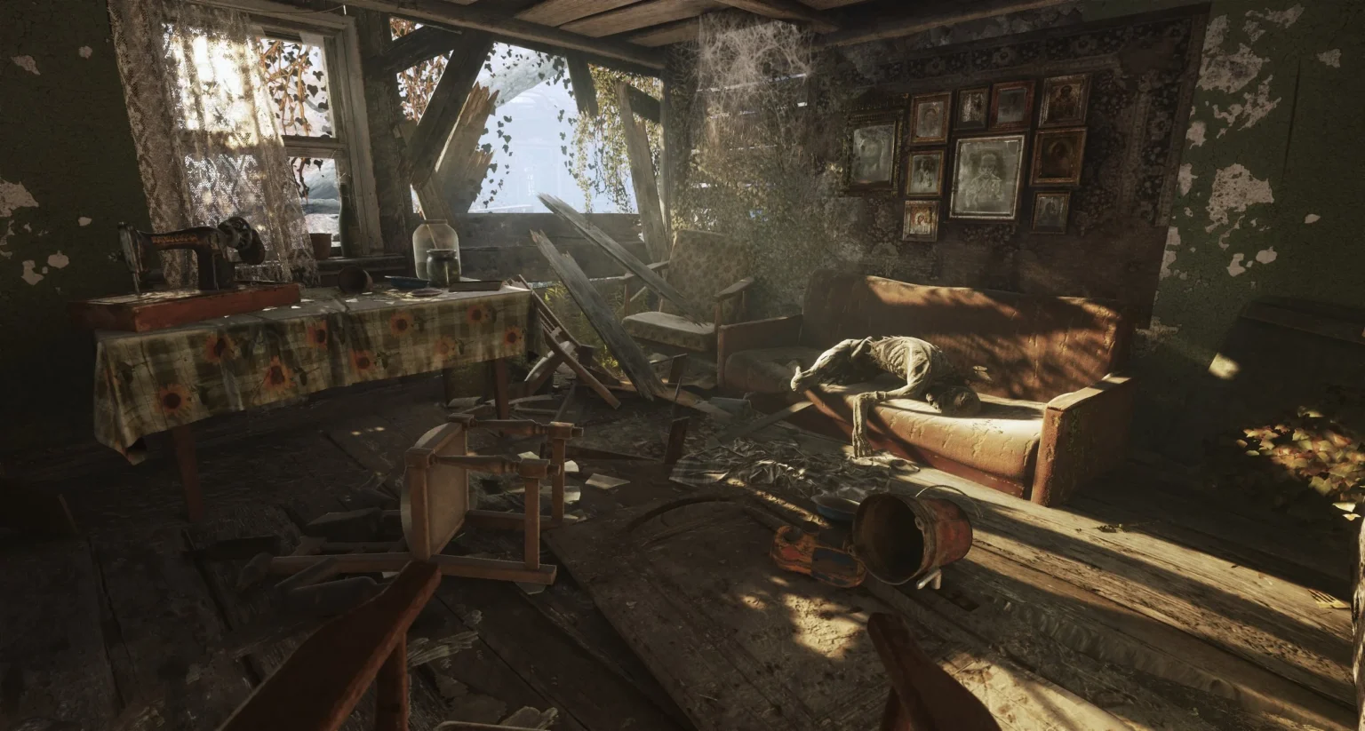 Offizieller Screenshot der Metro-Exodus-Raytracing-Demo mit einem durch Sonnenlicht beleuchteten Innenraum, GDC 2018 - Bild: 4A Games