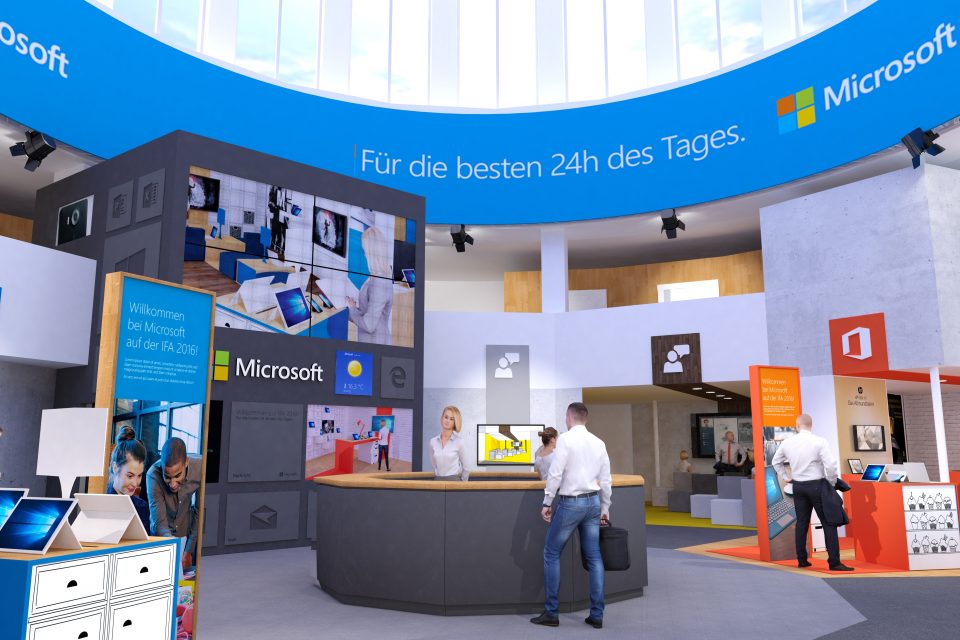 Microsoft-Standvisualisierung mit IFA-2015-Beschriftung, Symbolbild zur Messepräsenz, keine Aufnahme des Standes von 2016 - Bild: Microsoft