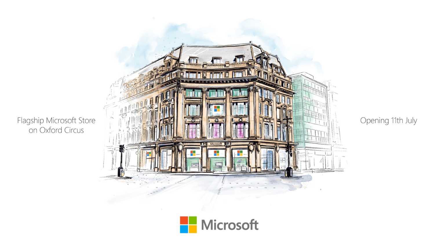 Offizielle Illustration des geplanten Microsoft Stores am Oxford Circus in London, erstellt von Phil Galloway auf einem Surface Studio - Bild: Microsoft / Phil Galloway