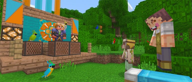Minecraft-Motiv zur Better-Together-Beta von 2017 mit Figuren, Papageien und Bannern - Bild: Mojang