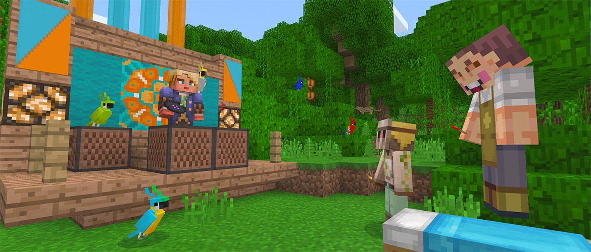 Minecraft-Motiv zur Better-Together-Beta von 2017 mit Figuren, Papageien und Bannern - Bild: Mojang