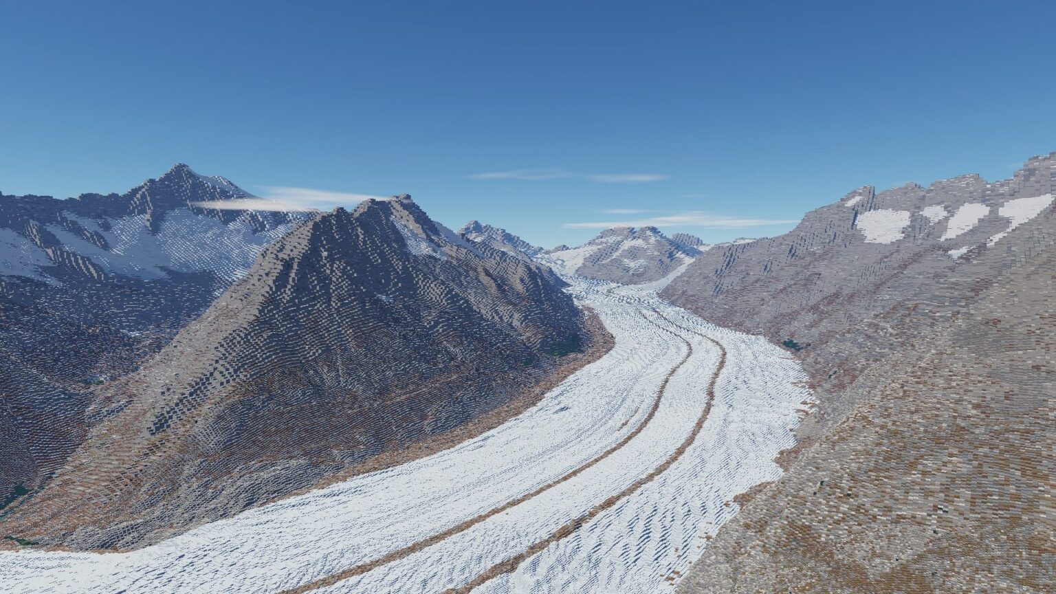 Schweiz in Minecraft Aletschgletscher aus Geodaten - Bild: Beda Good / manifold3d.ch