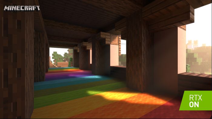 Minecraft-RTX-Vorschau mit farbigem Licht in einem Gebäude - Bild: NVIDIA / Mojang
