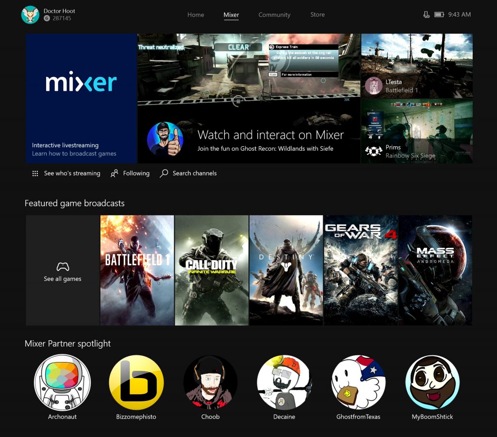 Offizieller Mixer-Screenshot der Xbox-Oberfläche von 2017 als Symbolbild, keine Messdatenanzeige zur E3 2019 - Bild: Microsoft