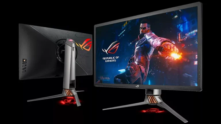 ASUS ROG Swift PG27UQ in Vorder- und Rückansicht, offizielles Produktbild von 2018 - Bild: ASUS