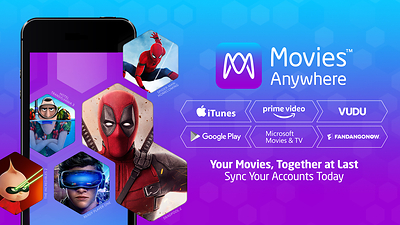 Offizielles Movies-Anywhere-Motiv mit Microsoft Movies & TV und weiteren beteiligten Digitalhändlern im August 2018 - Bild: Movies Anywhere