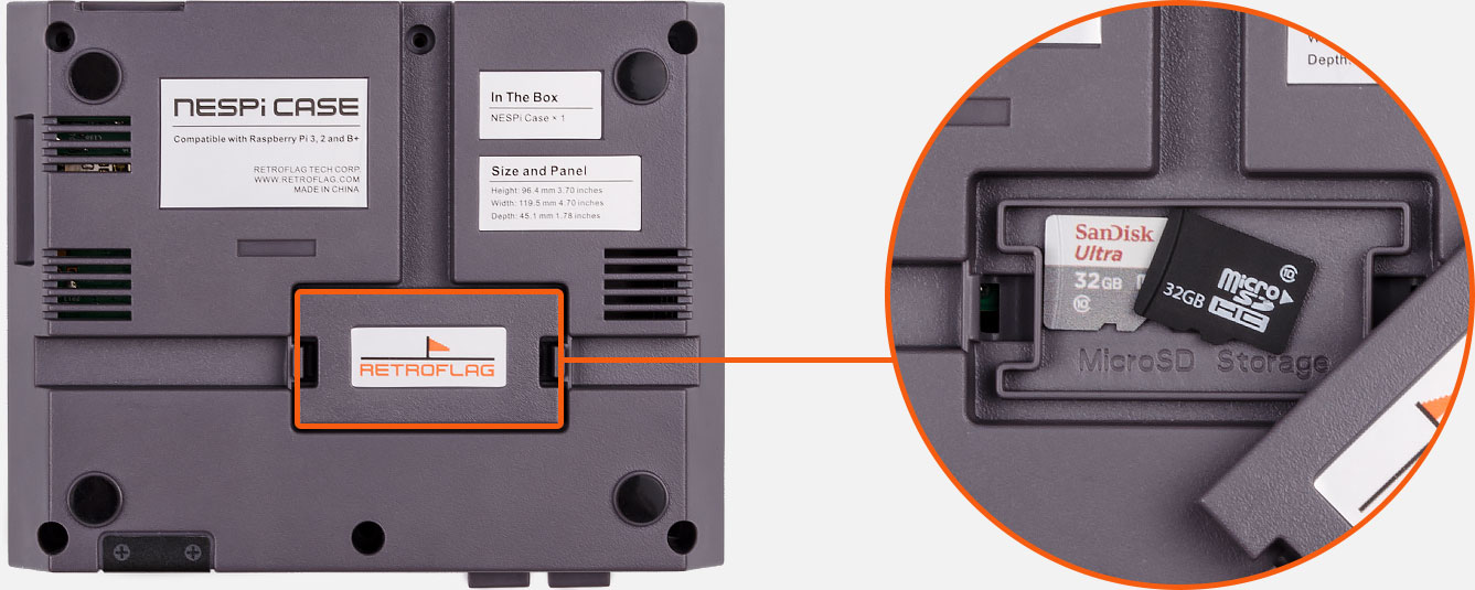 Unterseite des Retroflag NESPi Case mit zusätzlichem Micro-SD-Aufbewahrungsfach - Bild: Retroflag