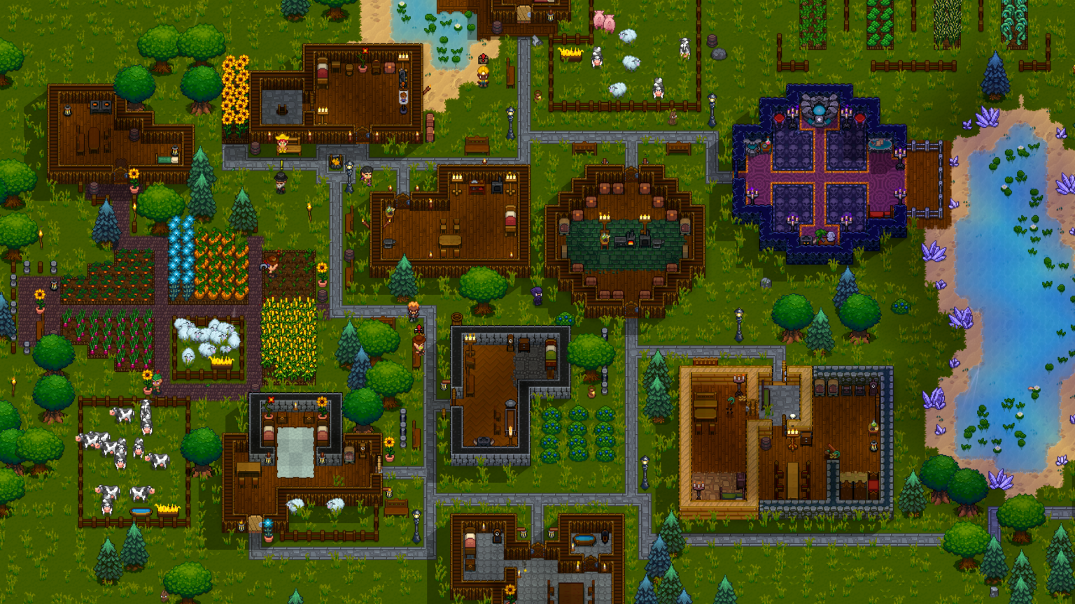 Siedlung mit Häusern, Feldern und einem Fluss in Necesse - Bild: Fair Games
