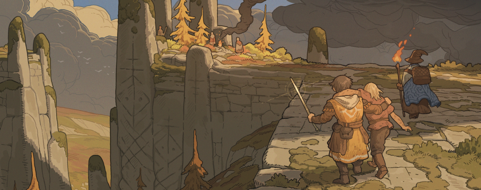 Illustration einer Fantasy-Klippenlandschaft mit drei Abenteurern - Bild: Gardens Interactive