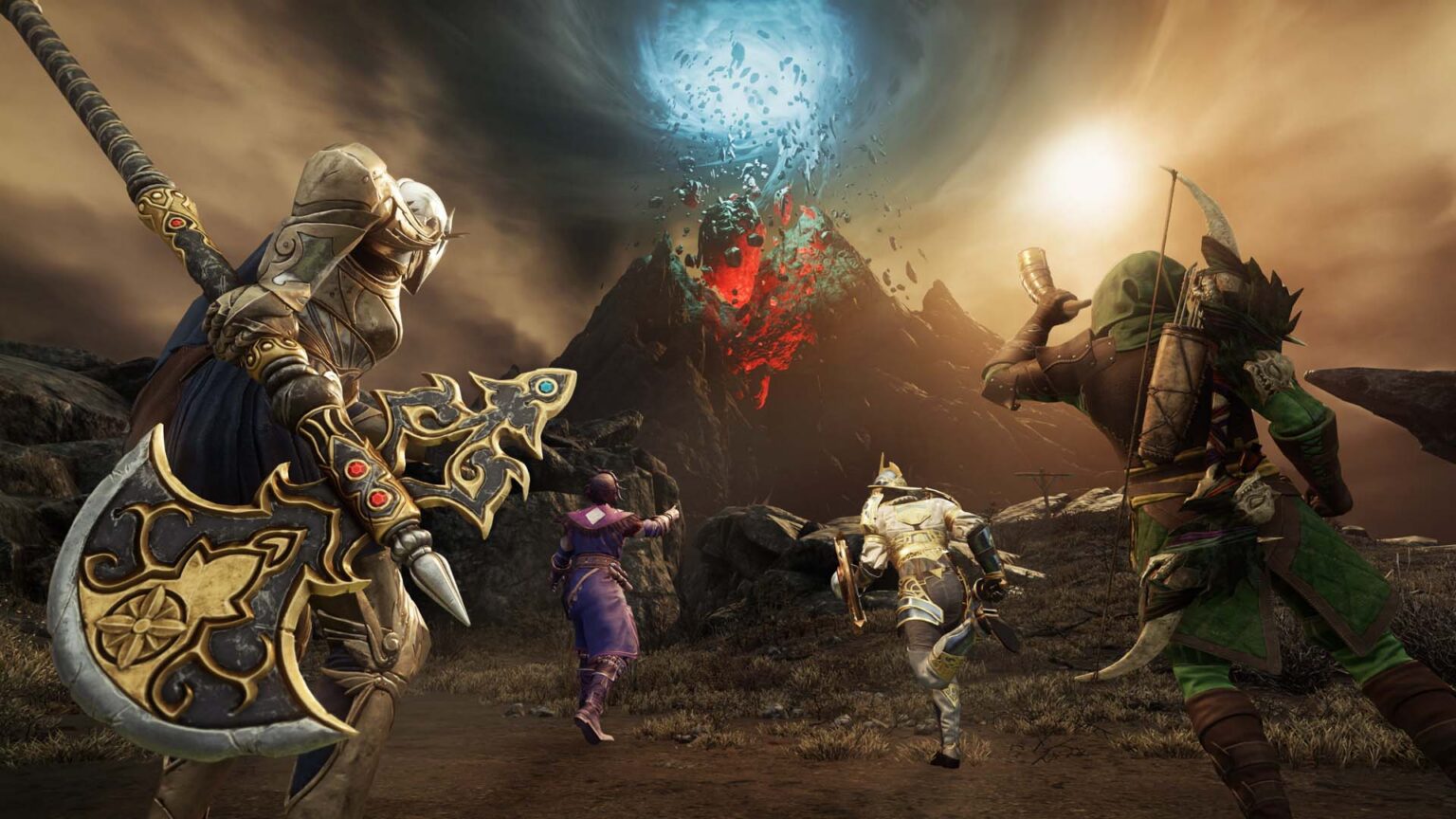 Offizielles New-World-Aeternum-Artwork mit Abenteurern vor einem aufbrechenden Berg - Bild: Amazon Games