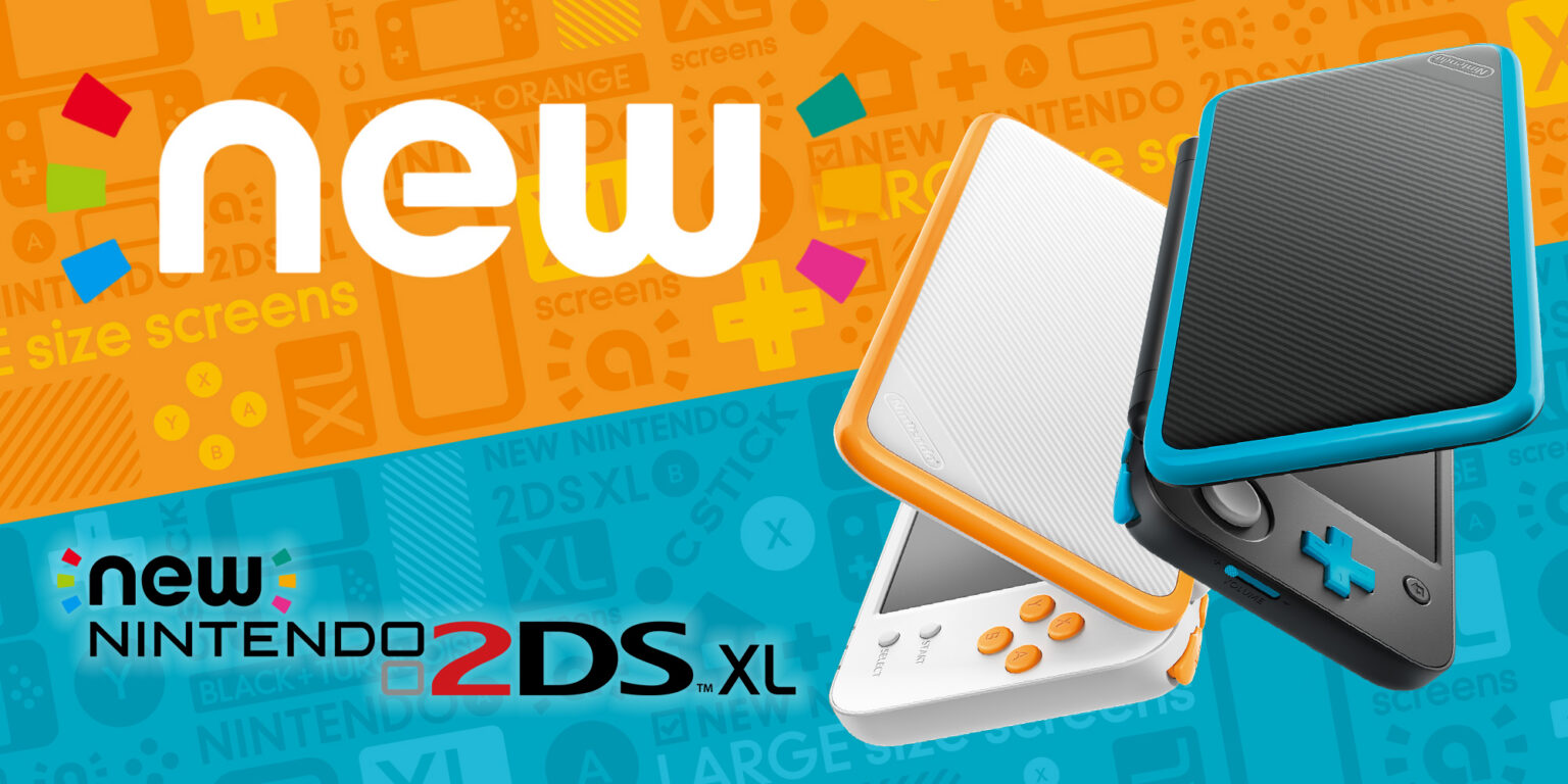 New Nintendo 2DS XL in Schwarz mit Türkis und Weiß mit Orange, offizielles Ankündigungsmotiv von 2017 - Bild: Nintendo