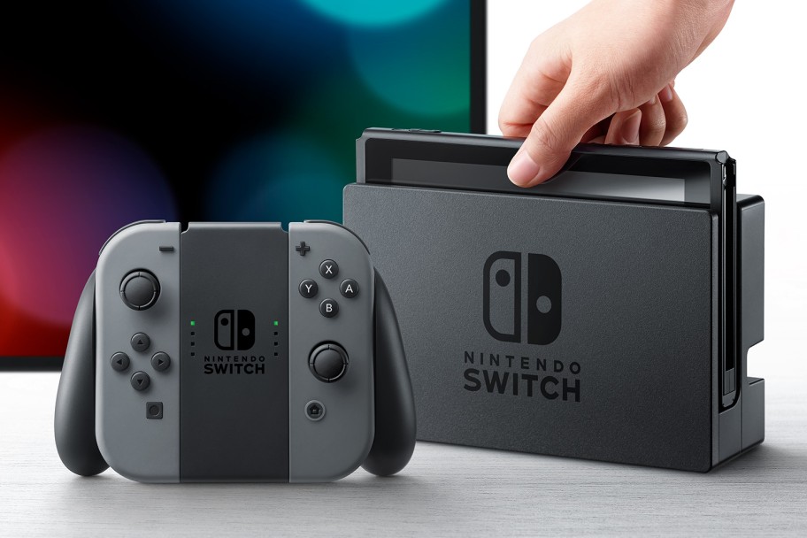 Ursprüngliche Nintendo Switch mit Dock und grauen Joy-Con, offizielles Produktbild zur Hybridkonsole von 2017 - Bild: Nintendo