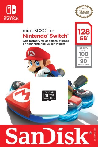 Ursprüngliche schwarze SanDisk-microSDXC-Karte mit 128 GB und Nintendo-Switch-Logo samt Verpackung aus der Ankündigung von 2017 - Bild: Nintendo / Business Wire