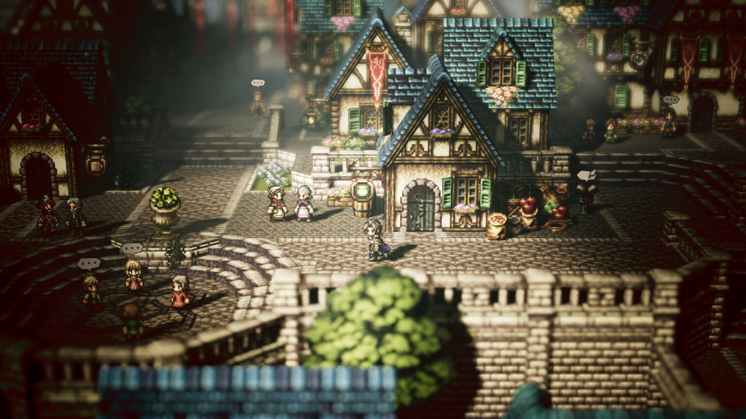 Stadtansicht mit Spielfiguren in Octopath Traveler - Bild: Square Enix / Steam