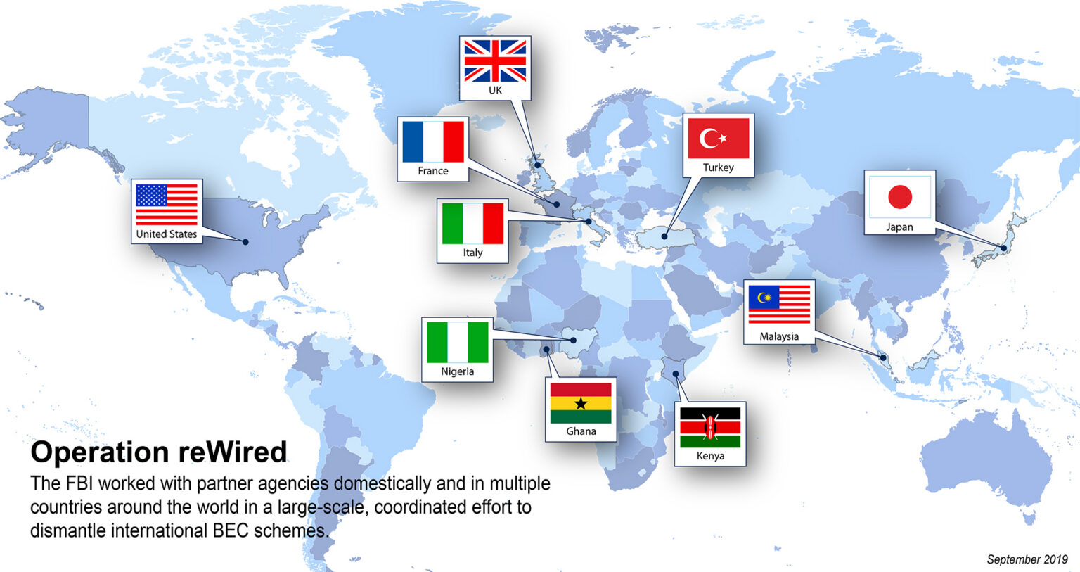 Grafik der FBI-Operation reWired gegen Business Email Compromise - Bild: FBI