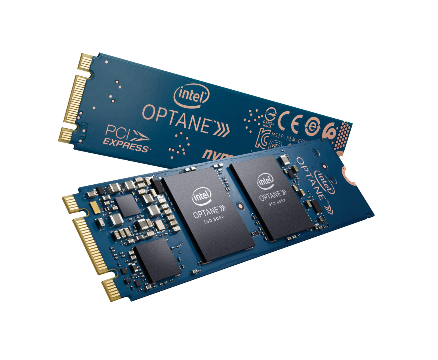 Intel Optane SSD 800P mit Vorder- und Rückseite des M.2-Moduls, offizielles Pressebild von 2018 - Bild: Intel