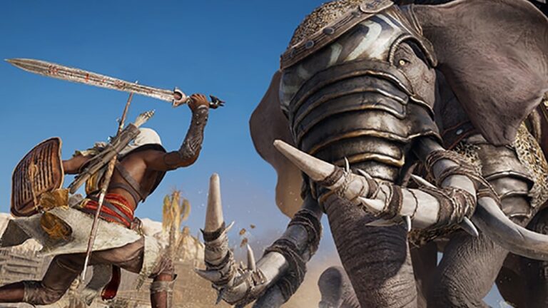 Offizieller Assassin’s-Creed-Origins-Screenshot mit Bayek und Kriegselefant aus der PC-Ankündigung 2017 - Bild: Ubisoft