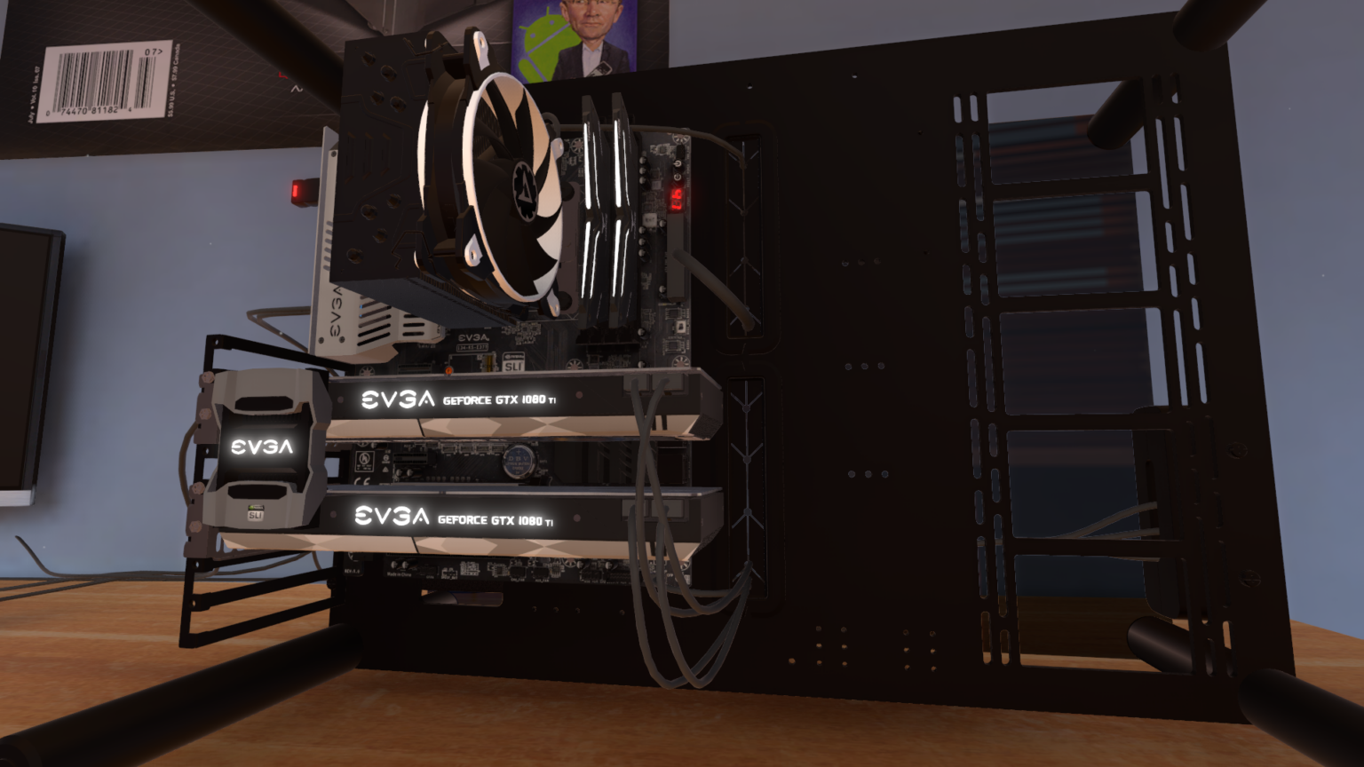Virtueller PC mit zwei EVGA-Grafikkarten im PC Building Simulator, Screenshot aus April 2018 - Bild: The Irregular Corporation