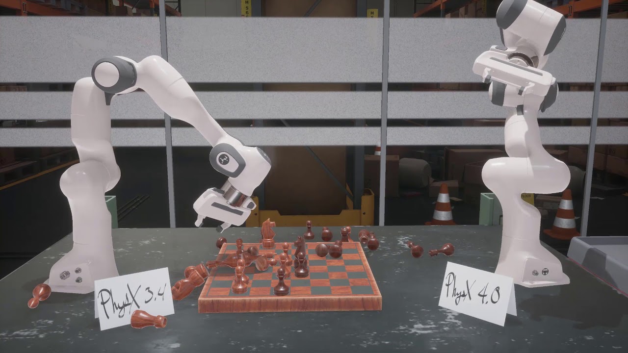 Offizielles PhysX-4.0-Demomotiv mit simulierten Roboterarmen und Schachfiguren - Bild: NVIDIA Game Developer