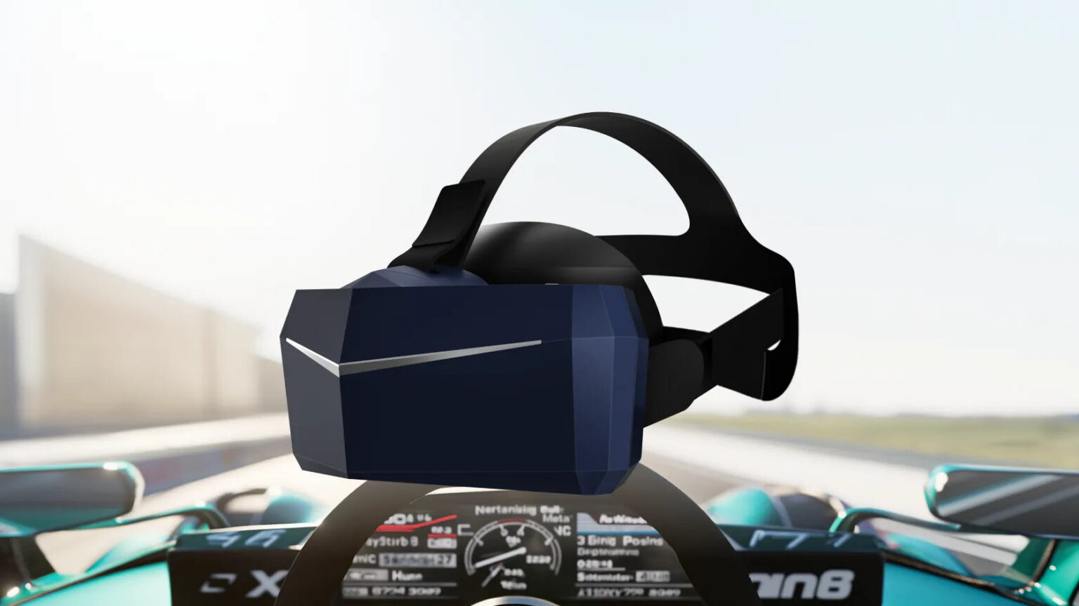 Pimax 5K Plus vor einer virtuellen Rennszene, spätere Herstellerillustration - Bild: Pimax