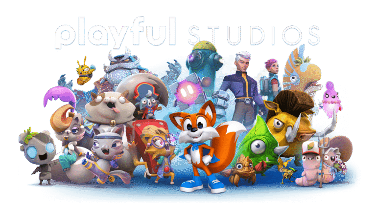 Historisches Playful-Studios-Unternehmensmotiv mit Logo und Figuren aus dem Spieleportfolio - Bild: Playful Studios