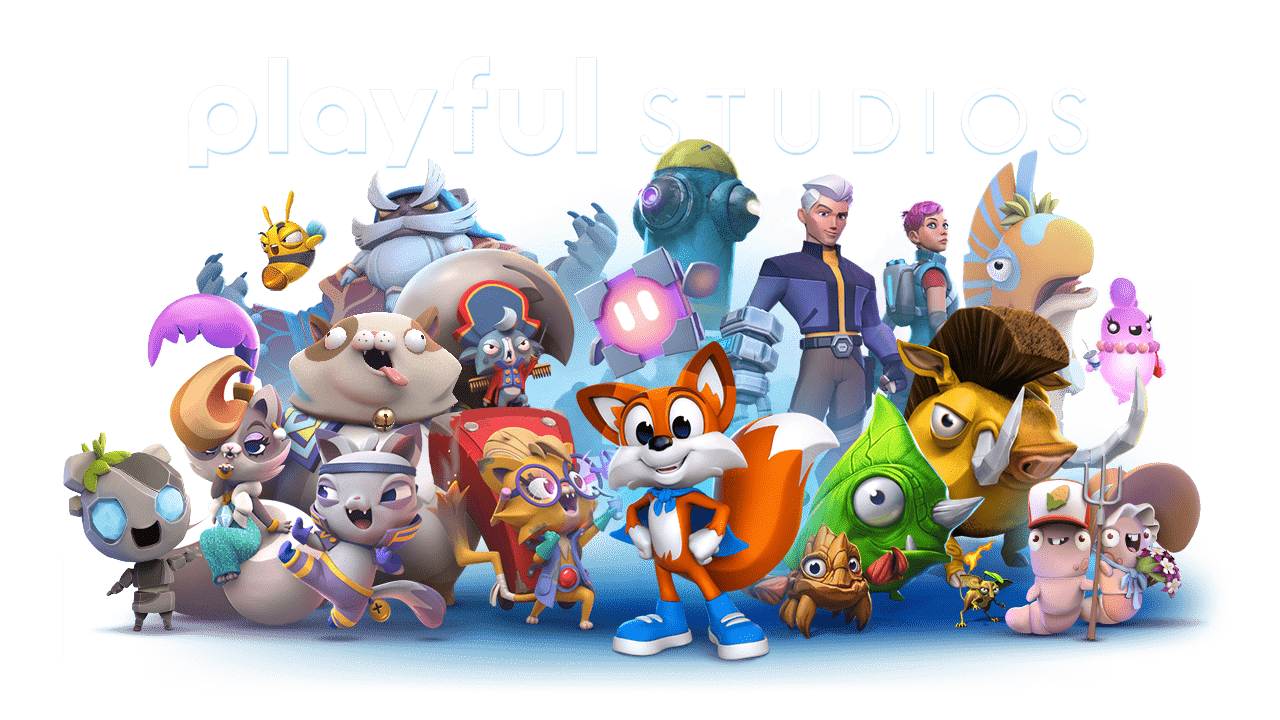 Historisches Playful-Studios-Unternehmensmotiv mit Logo und Figuren aus dem Spieleportfolio - Bild: Playful Studios
