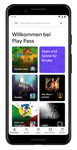 Smartphone mit deutscher Play-Pass-Startseite aus Googles Ankündigung von Juli 2020 - Bild: Google