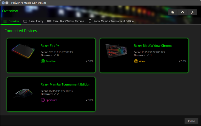Geräteübersicht des Polychromatic Controllers aus der Dokumentation zu Version 0.3.8 - Bild: Polychromatic
