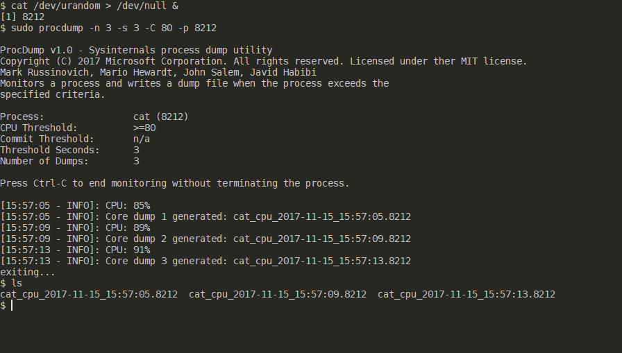 Unverändertes Standbild bei Sekunde 20 aus Microsofts ProcDump-für-Linux-Terminalanimation im ersten Implementierungs-Commit von 2017 - Bild: Microsoft