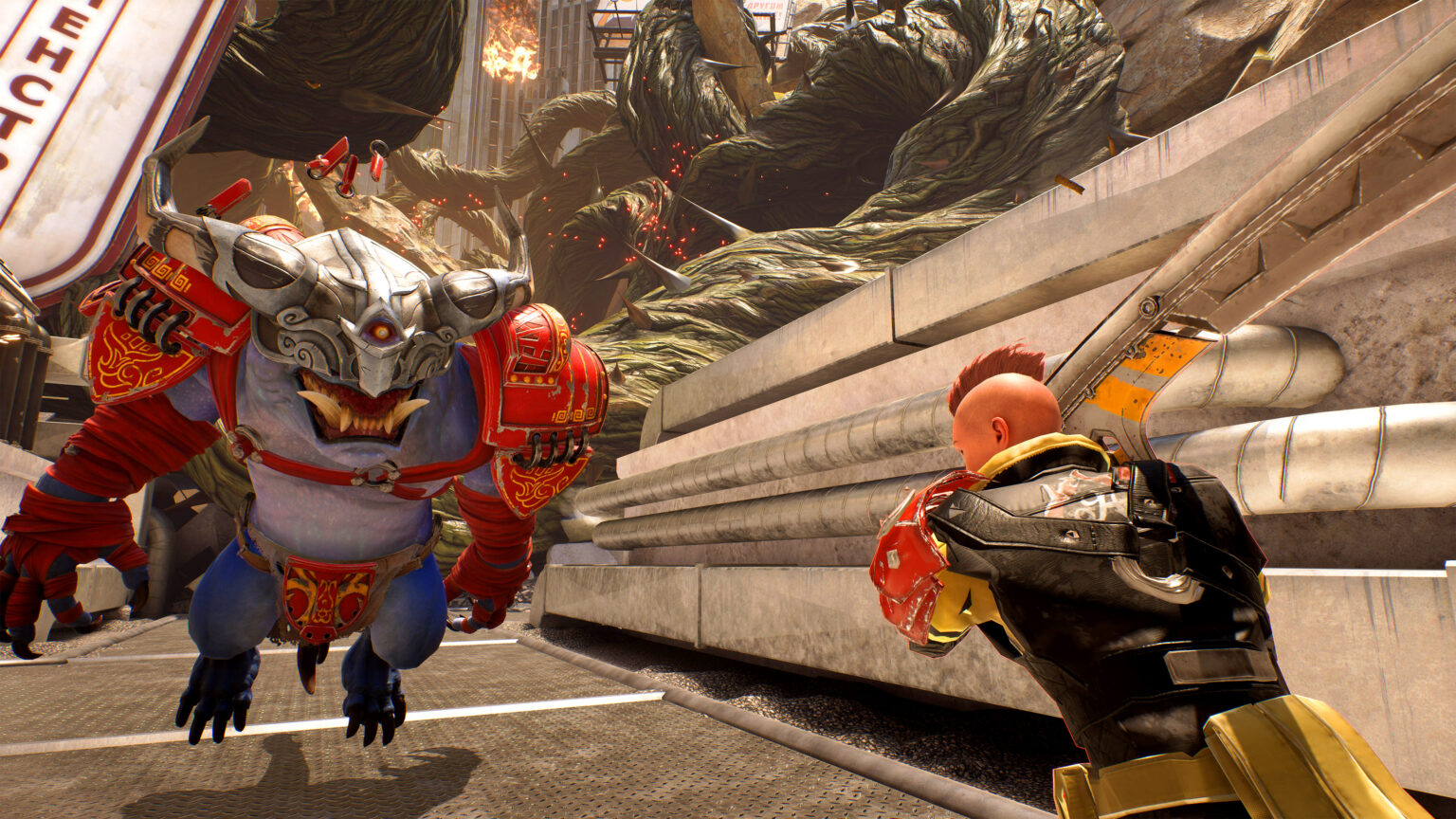 Offizieller Breach-Screenshot mit Spielfigur und gepanzertem Gegner - Bild: QC Games