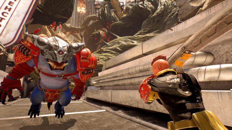 Offizieller Breach-Screenshot mit Spielfigur und gepanzertem Gegner - Bild: QC Games