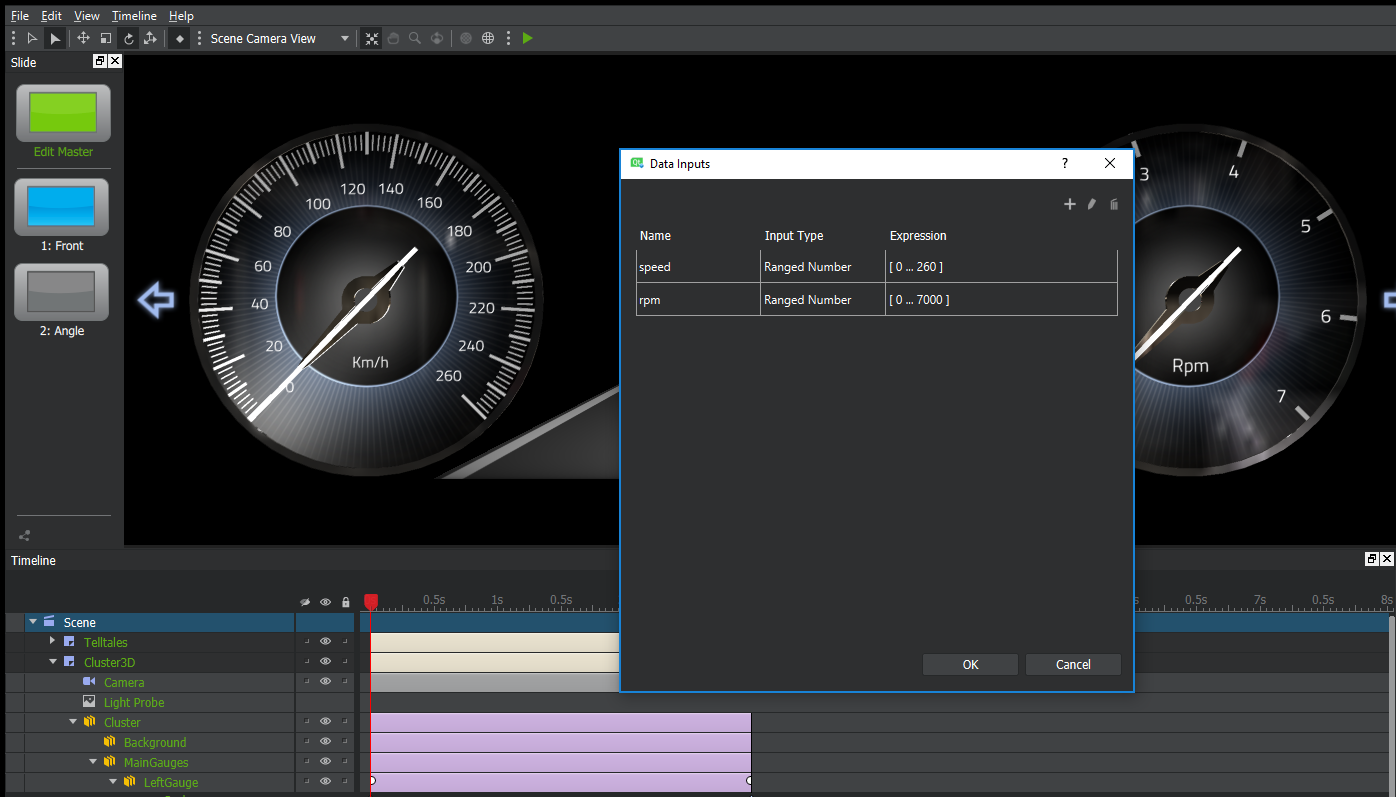 Qt 3D Studio mit Data-Inputs-Dialog für Geschwindigkeit und Drehzahl - Bild: Qt Group