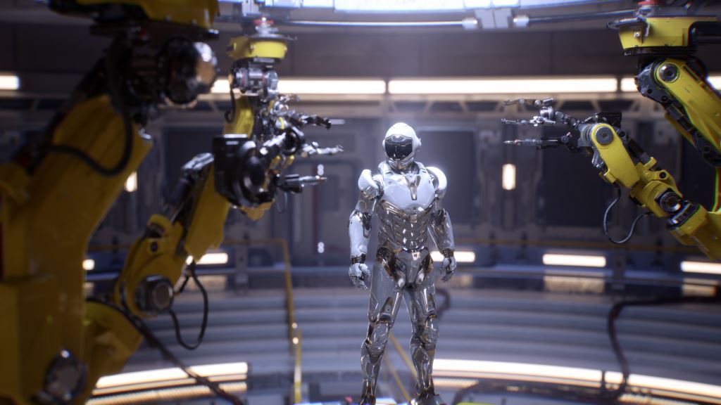 Offizielles NVIDIA-Rendermotiv zur Turing-Ankündigung 2018: Ein silberner Roboter zwischen gelben Roboterarmen, kein Produktfoto einer Grafikkarte - Bild: NVIDIA