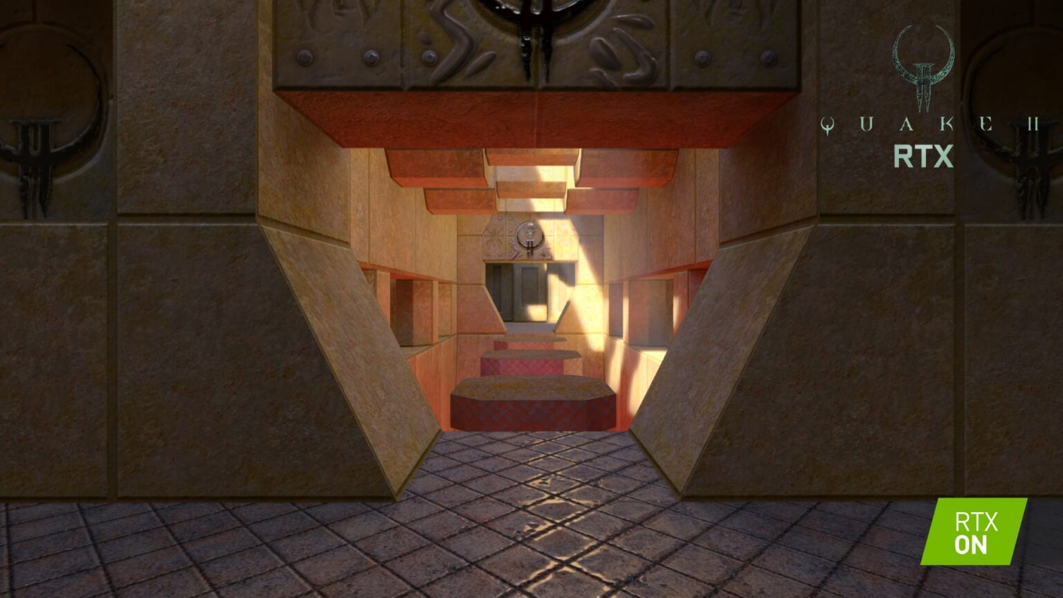 Offizieller Screenshot von Quake II RTX mit beleuchtetem Innenraum - Bild: NVIDIA / id Software