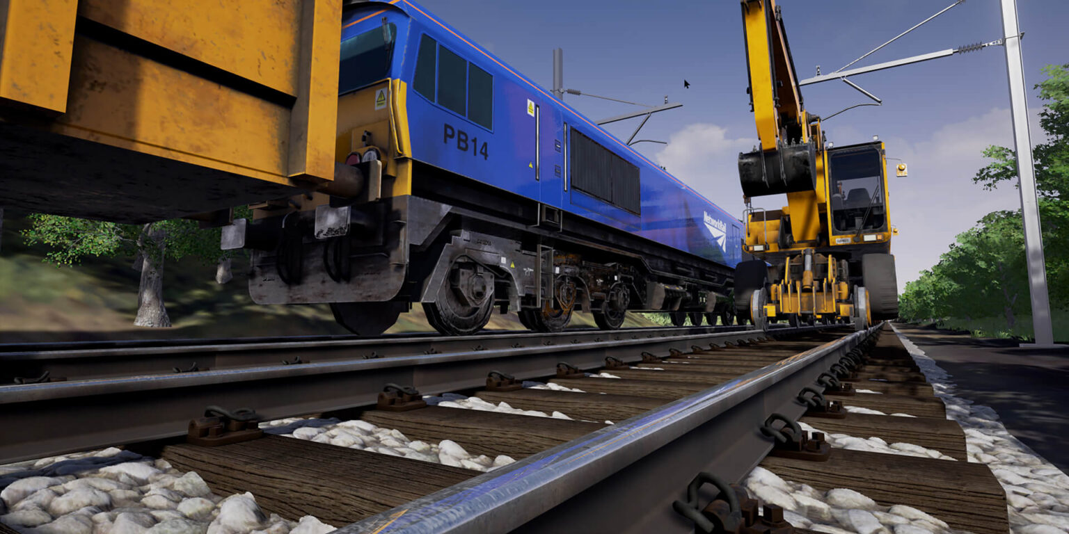 Simulierte Gleisbaustelle mit Lokomotive, Bagger und Oberleitungen - Bild: THINKlab / University of Salford