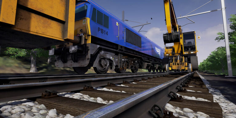 Simulierte Gleisbaustelle mit Lokomotive, Bagger und Oberleitungen - Bild: THINKlab / University of Salford