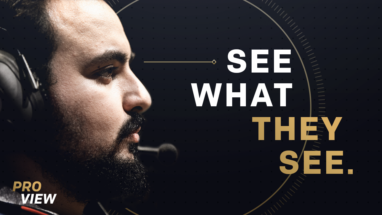 Offizielles Pro-View-Ankündigungsmotiv mit einem Headset tragenden eSports-Spieler und dem Hinweis auf Spielerperspektiven - Bild: Riot Games