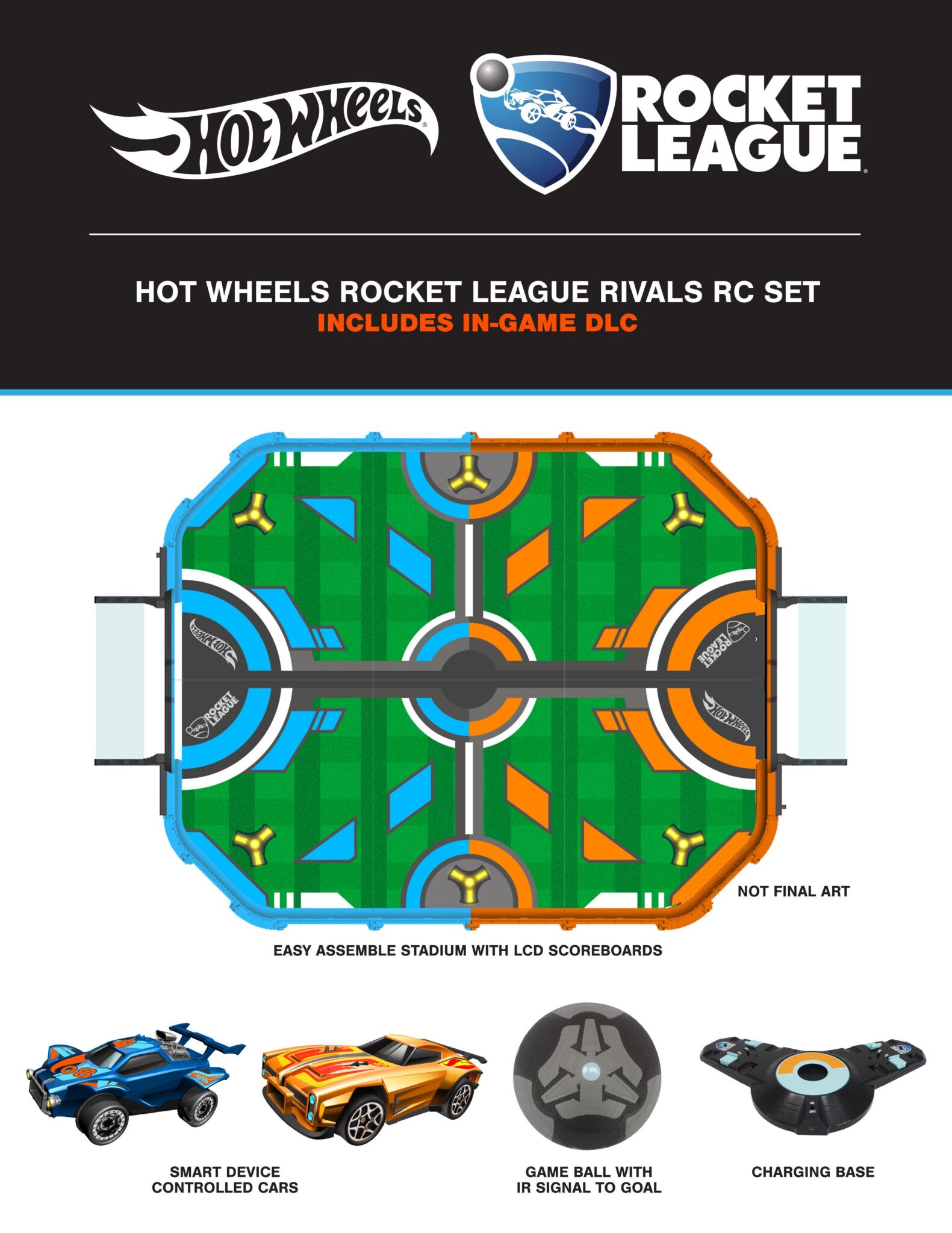 Offizielle Ankündigungsgrafik zum Rocket League RC Rivals Set von 2018 mit vorläufigem Arenaentwurf - Bild: Psyonix / Hot Wheels / Mattel