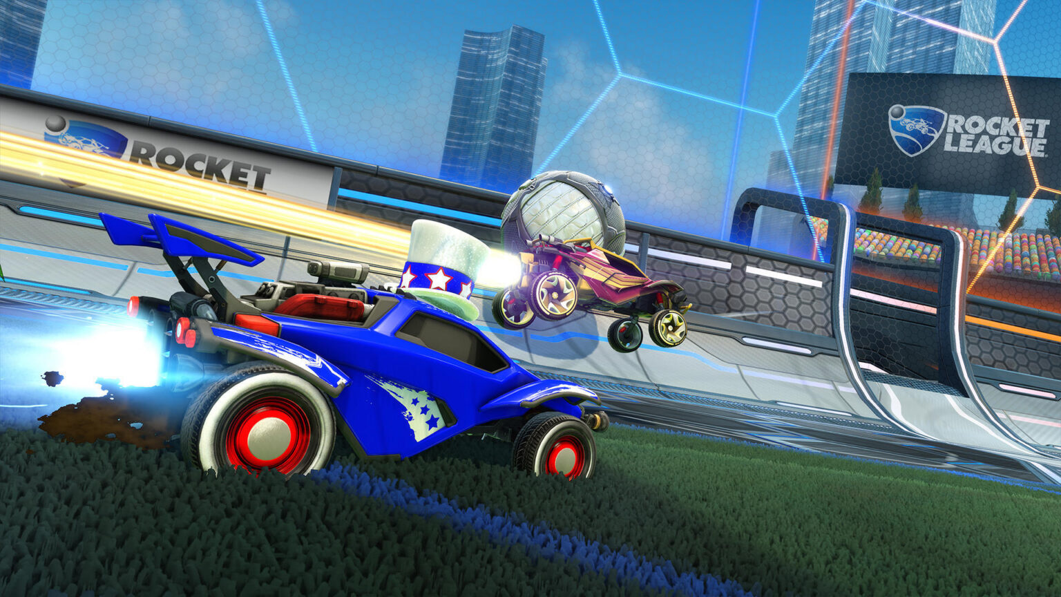 Offizielles Rocket-League-Motiv mit zwei Autos und einem Ball in der Arena - Bild: Psyonix