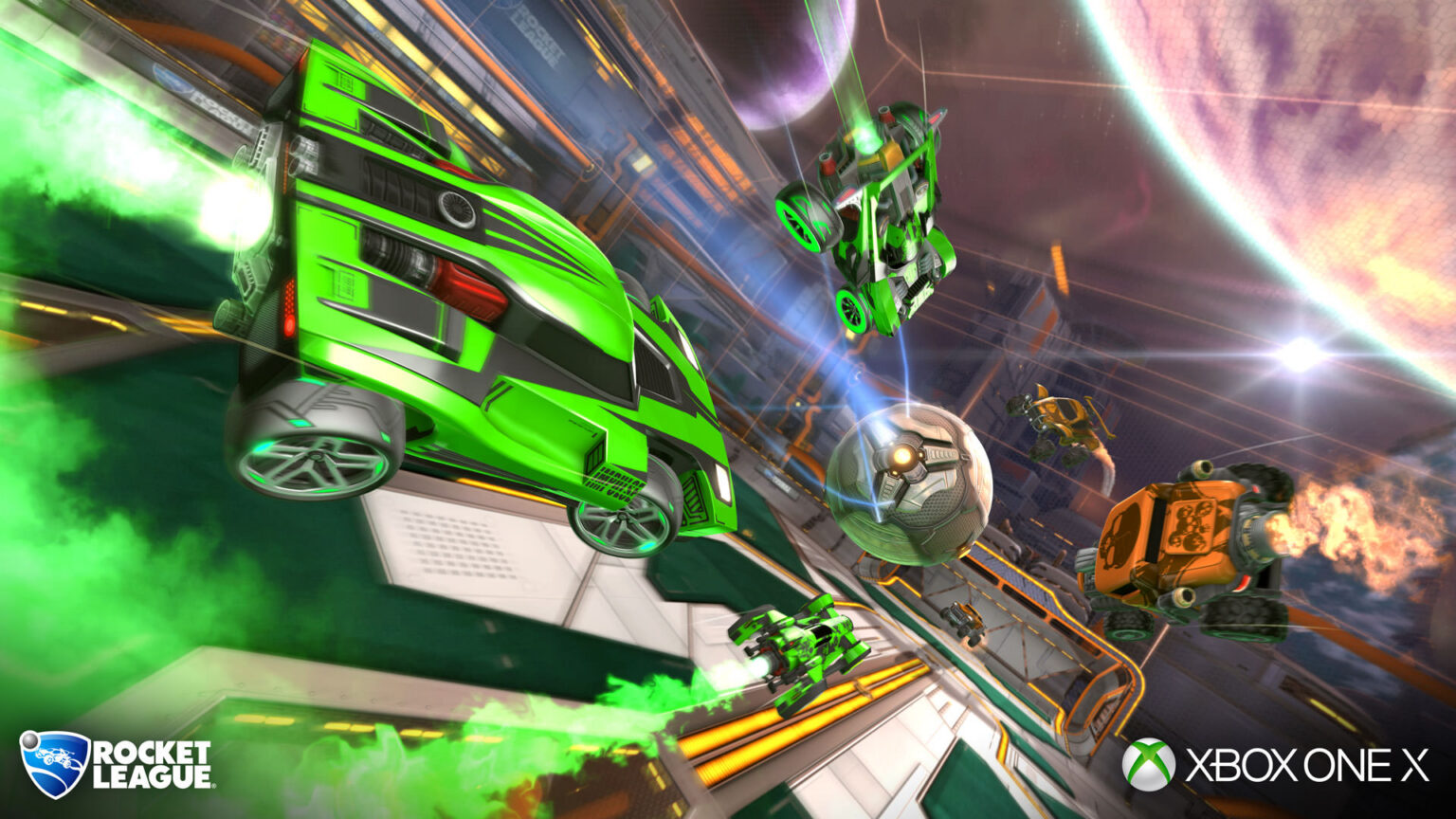 Offizielles Rocket-League-Motiv zur angekündigten Xbox-One-X-Unterstützung mit Fahrzeugen und Ball - Bild: Psyonix