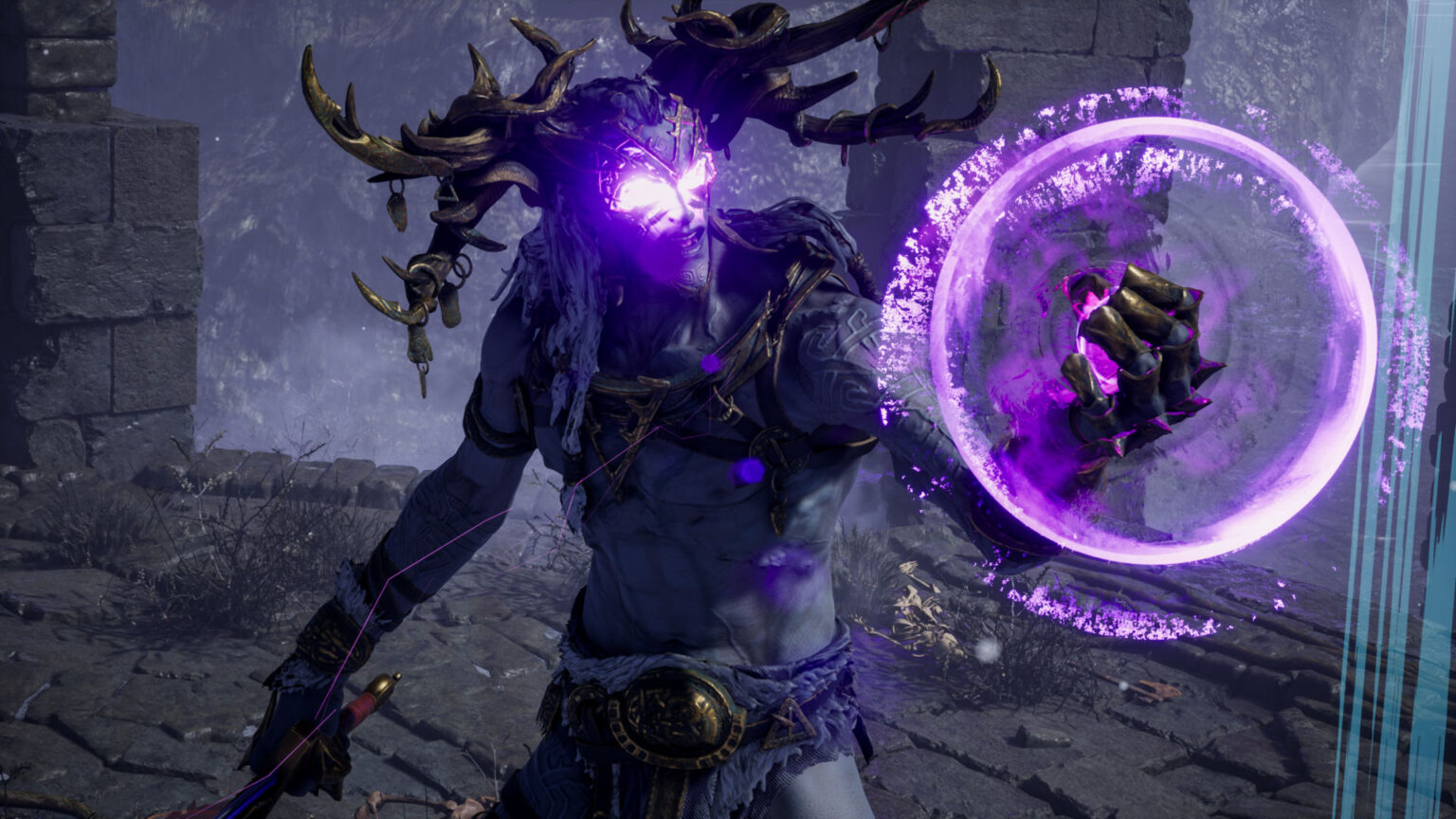 Offizieller Rune-II-Screenshot mit Fantasyfigur und violetten Lichteffekten - Bild: Ragnarok Game LLC