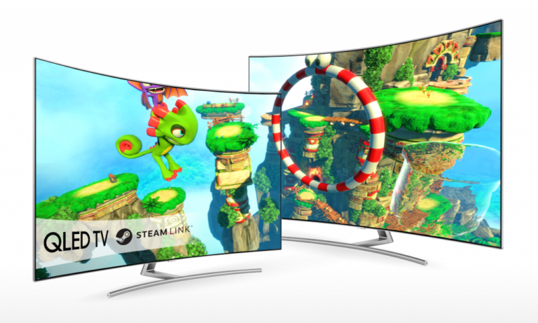 Offizielles Samsung-Motiv von 2017 mit QLED-Fernsehern und Steam-Link-Logo - Bild: Samsung