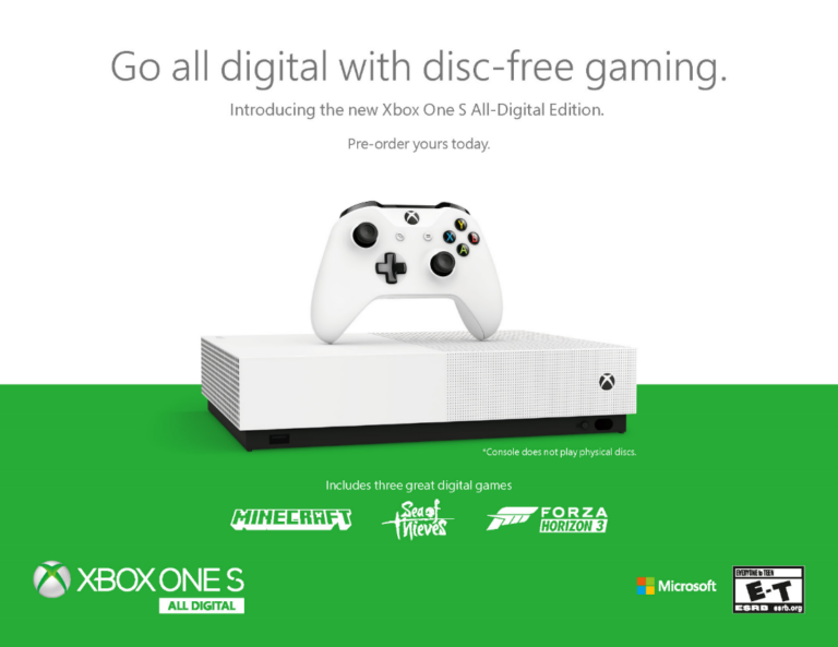Historisches Ankündigungsmotiv der Xbox One S All-Digital Edition von April 2019, Symbolbild zum Vergleich, nicht Project Scarlett - Bild: Microsoft
