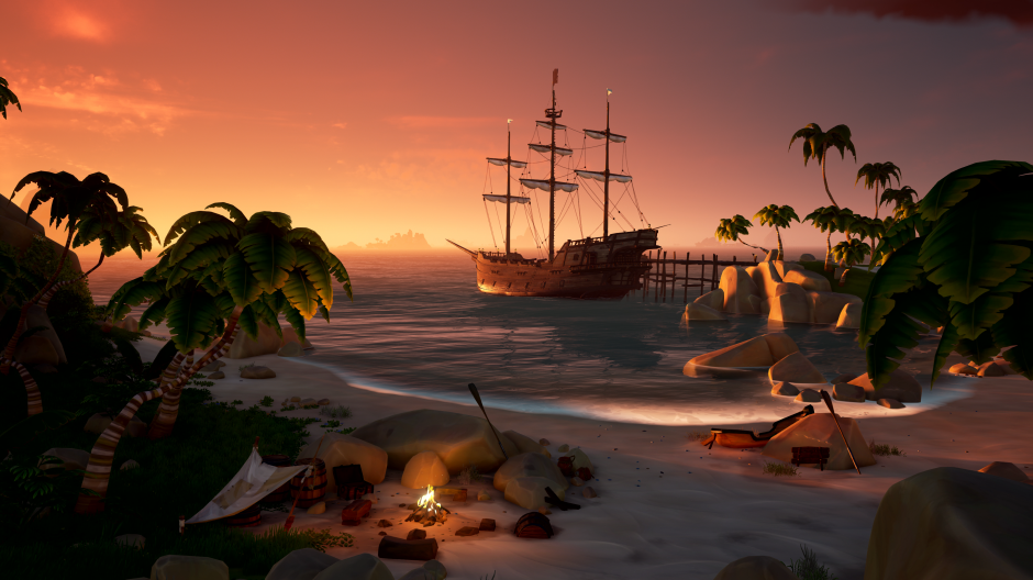 Offizielles Sea-of-Thieves-Spielmotiv mit Segelschiff vor einer Insel bei Sonnenuntergang, keine Messeaufnahme - Bild: Rare / Microsoft