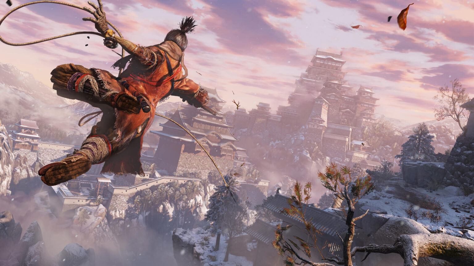 Offizielles Sekiro-Motiv mit dem Wolf, Greifhaken und Burgkulisse - Bild: Activision / FromSoftware