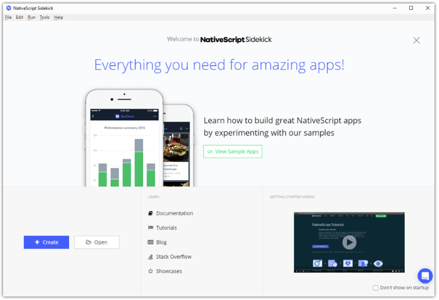 Startansicht von NativeScript Sidekick aus der offiziellen Ankündigung von Version 1.0 - Bild: Progress / NativeScript