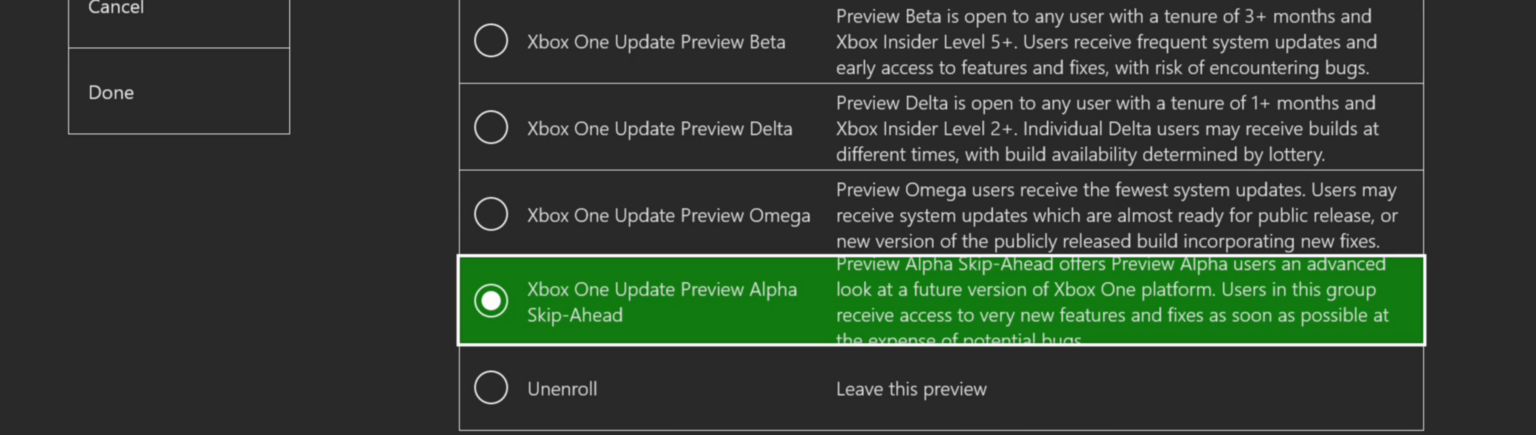 Auswahl des Alpha-Skip-Ahead-Rings im Xbox Insider Hub, keine Build-1910-Anzeige - Bild: Microsoft / Xbox Wire