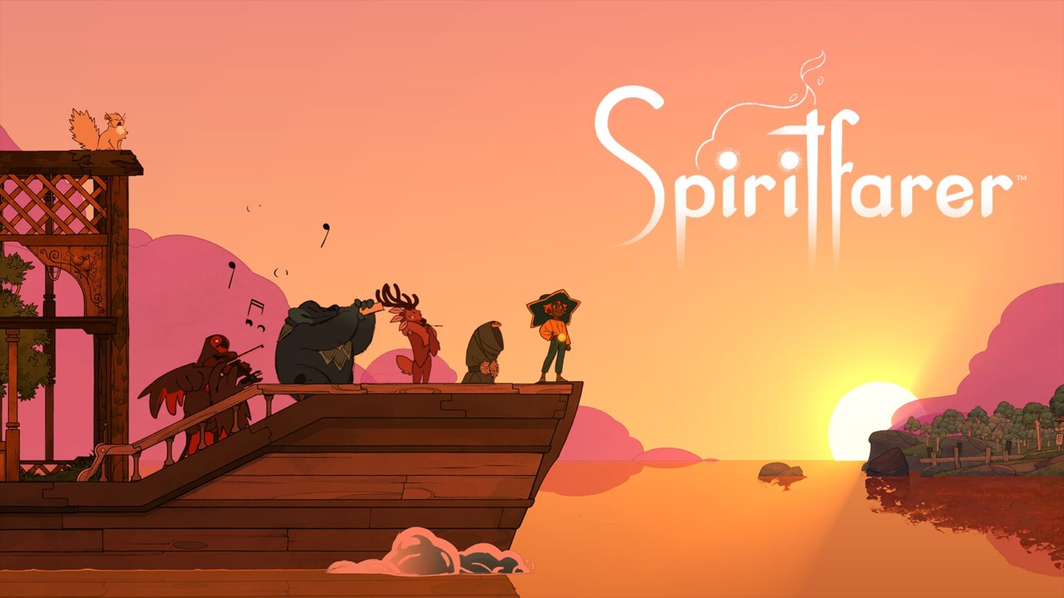 Spiritfarer-Presseillustration mit Stella und Geistern auf einem Schiff bei Sonnenuntergang, veröffentlicht zur Vorstellung 2019 - Bild: Thunder Lotus / Xbox