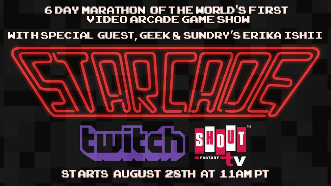 Offizielles Starcade-Marathon-Motiv von 2017 mit Twitch und Shout! Factory TV sowie dem angekündigten Beginn am 28. August - Bild: Twitch / Shout! Factory TV