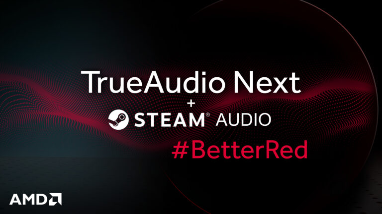 Offizielles Motiv zu AMD TrueAudio Next und Steam Audio mit Logos auf schwarzem und rotem Hintergrund - Bild: Valve / AMD